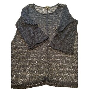 Cal Style Navy Blue Lace Knit Top‎ 3/4 Sleeve Made in USA Size L
